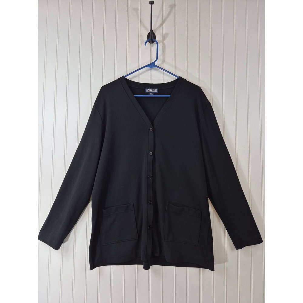 Lands End Womens Black Cotton V-Neck Button Front Cardigan Sweater Size L 14-16